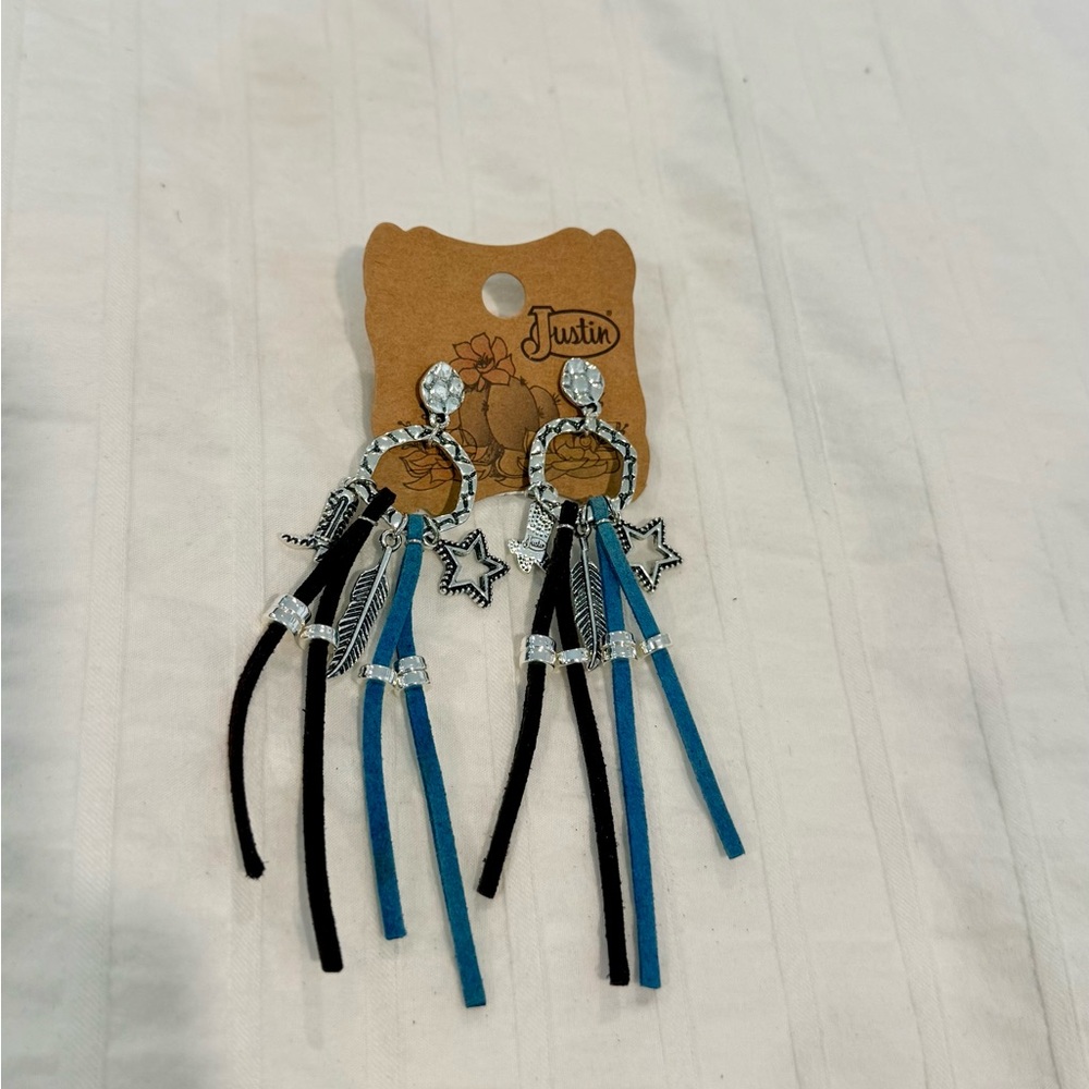 Justin Boots Blue & Brown Tassel Star Earrings